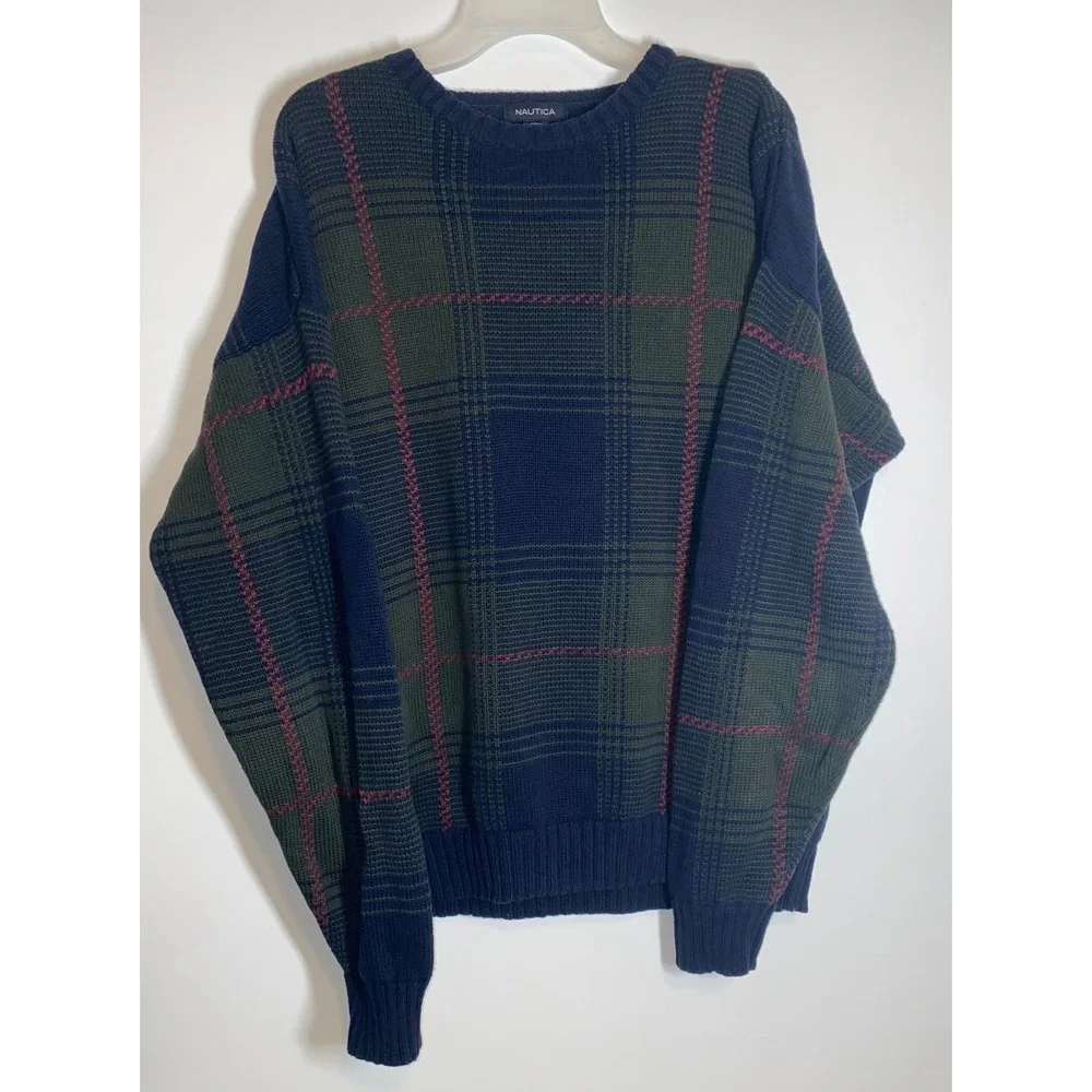 Nautica Mens XL Navy Blue Green Plaid 100% Cotton Crewneck Knit Sweater Pullover